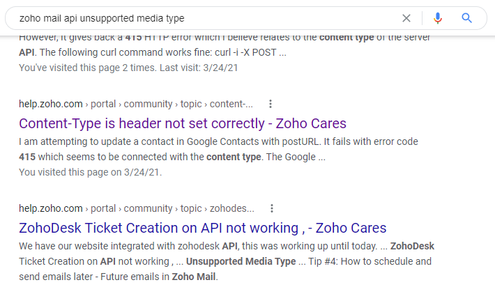 zoho mail api unsupported media type

help.zoho.com > portal > community > topic
Content-Type is header not set correctly - Zoho Cares
I am attempting to update a contact in Google Contacts with postURL. It fails with error code 415 which seems to be connected with the content type. The Google...